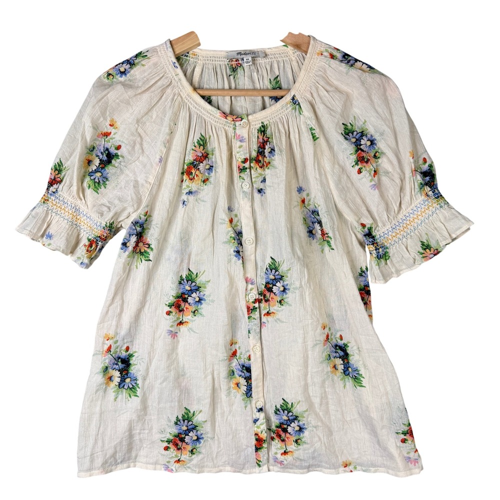 Madewell Smocked Sleeve Button Front Top Wildflower Floral Ivory XS Cotton
